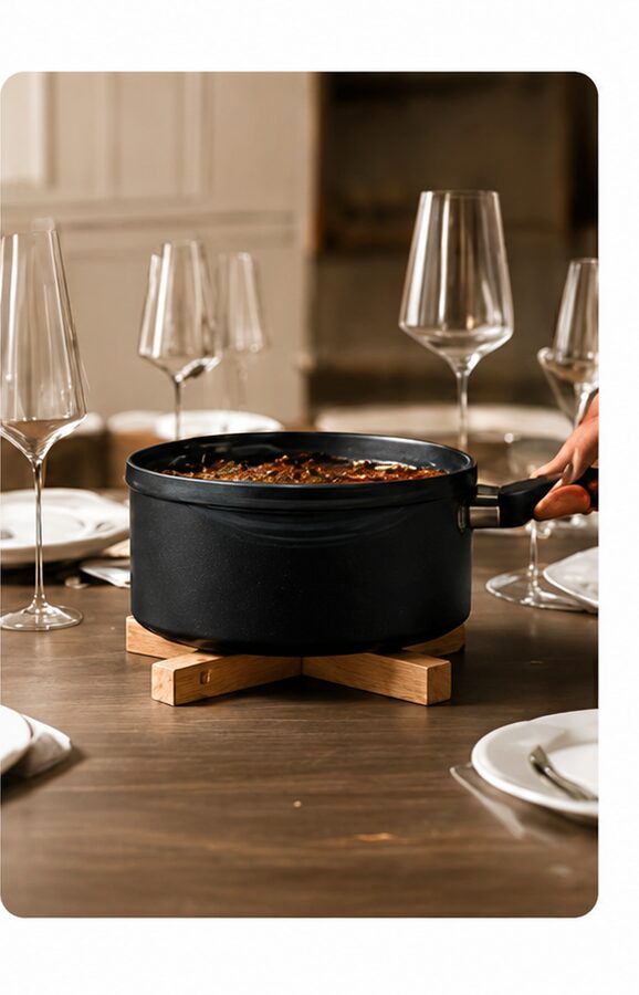 Pot served at a set dining table on the trivet